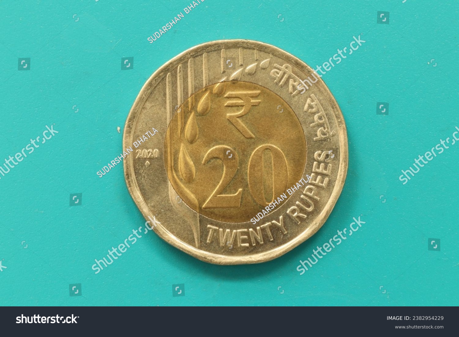 Closeup of a Rupee 20 coin of India. #2382954229
