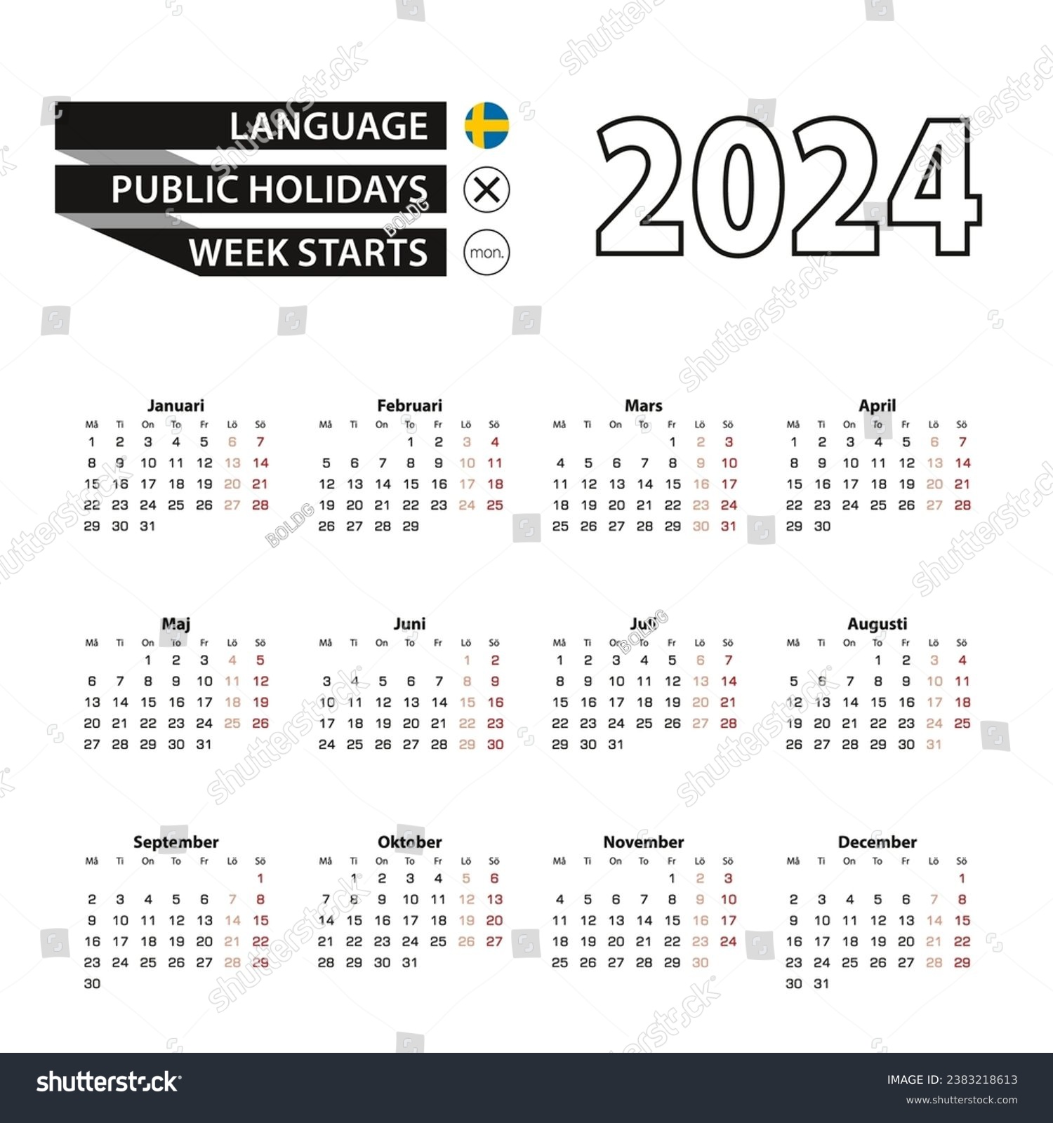 Calendar 2024 in Swedish language, week starts Royalty Free Stock