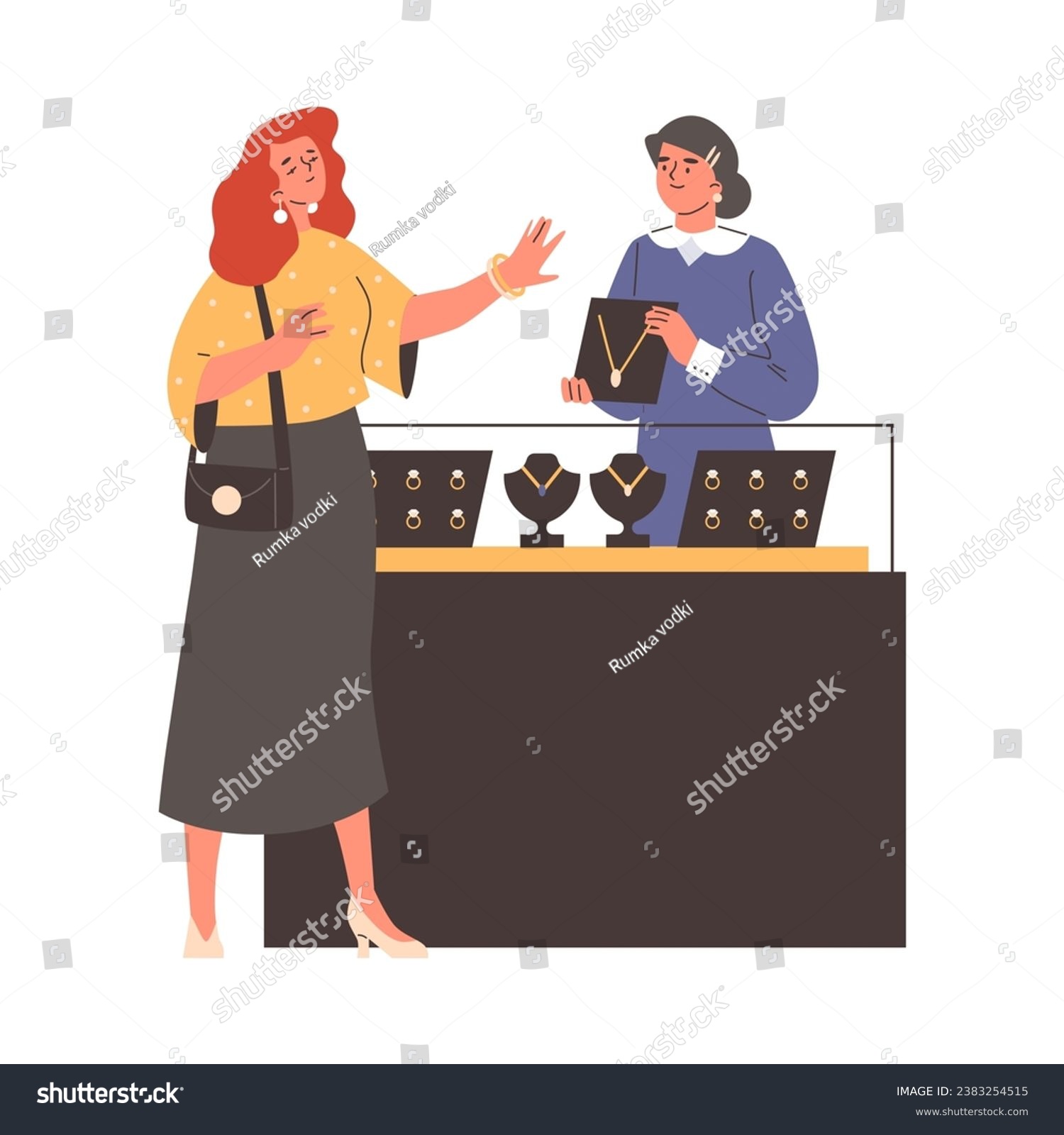 Woman in jewelry shop chooses jewelry and accessories. Client and cashier. Character in front of counter with gold chains and earrings with diamonds. Cartoon flat vector isolated illustration #2383254515