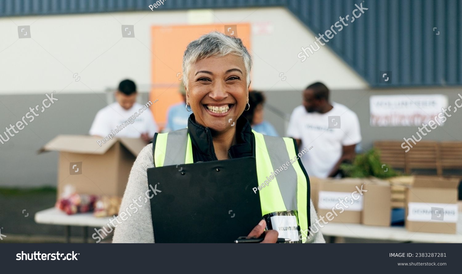 Woman, clipboard and manager in charity, volunteer and organizer for outreach program, smile and portrait. Happy senior person, non profit and support in social responsibility for NGO foundation #2383287281