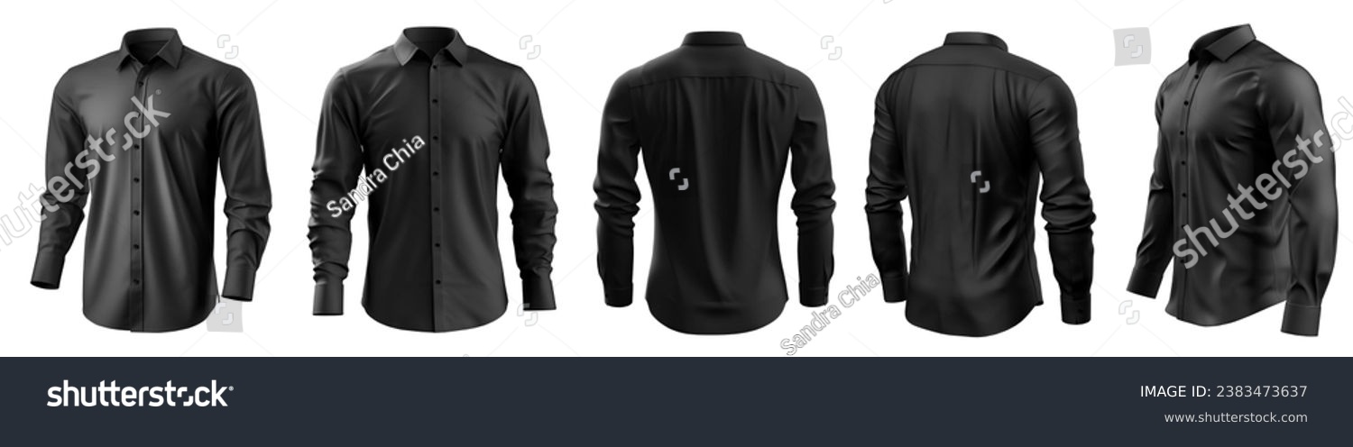 Set of black button long sleeve collar shirt front, back and side view on white background cutout file. Mockup template for artwork graphic design #2383473637