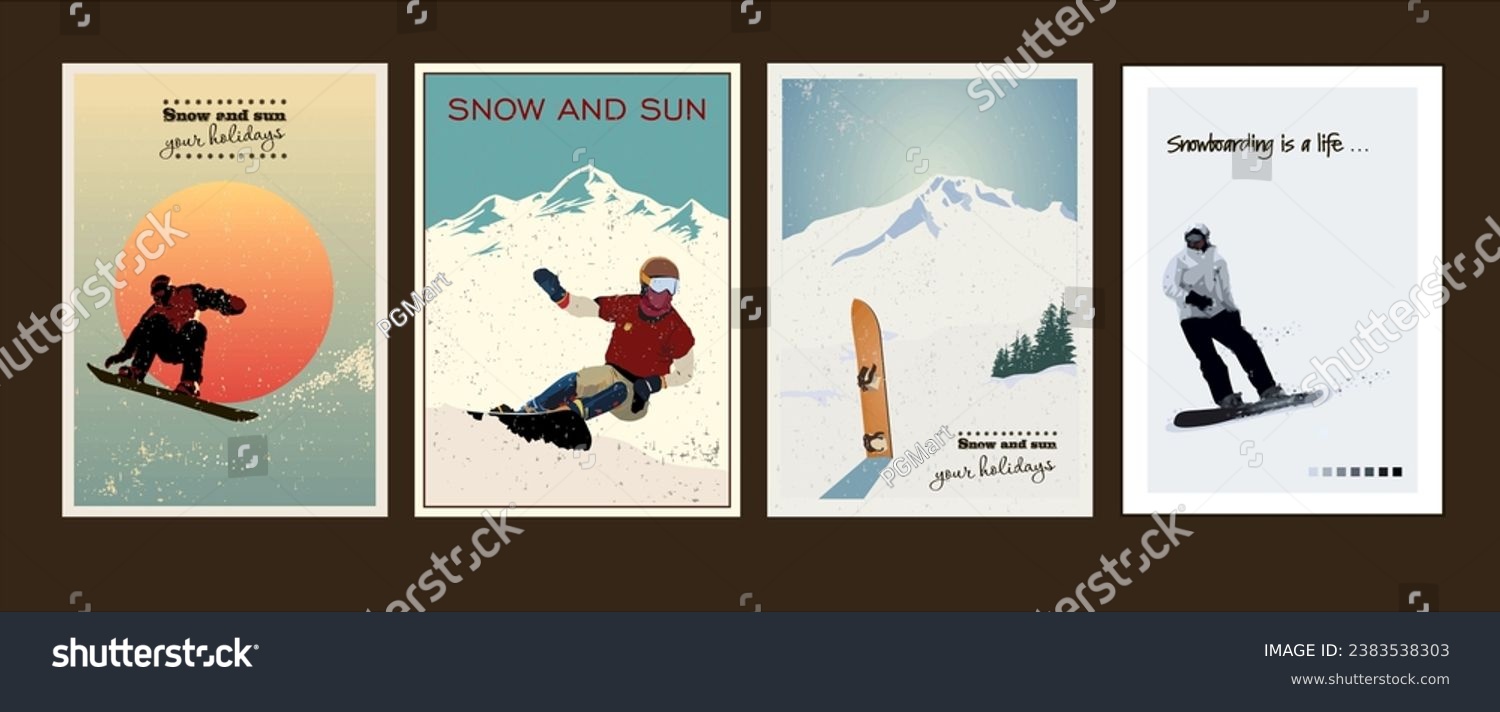 Four decorative posters about snowboarding in different styles. #2383538303
