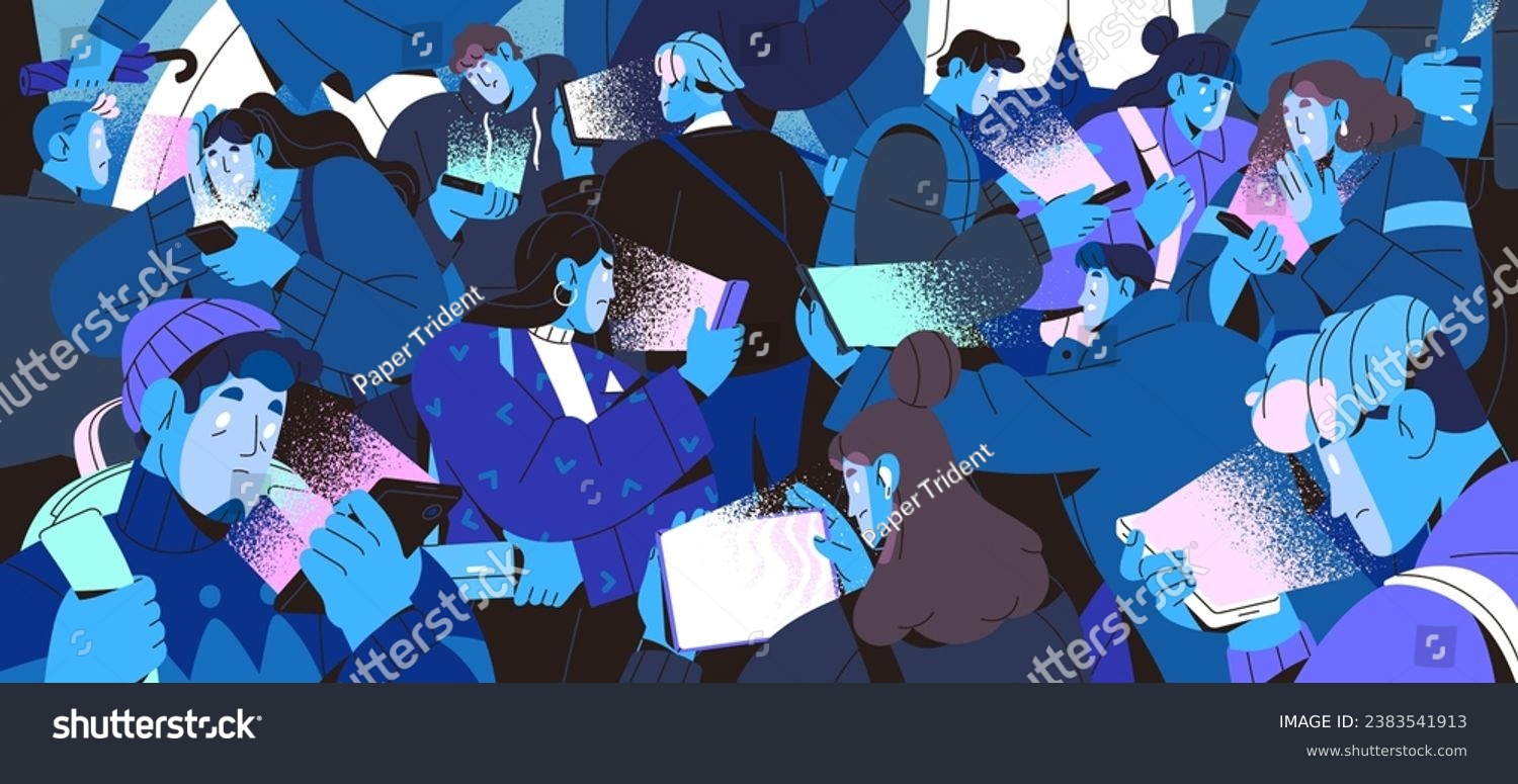 Crowd on mobile phones. Sad, shocked people reading bad news. Many persons scrolling social media, surfing internet in smartphones. Cellphones addiction problems. Monochrome flat vector illustration. #2383541913