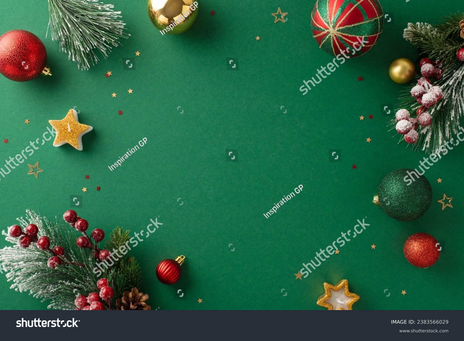 Magnificent Christmas decor to enjoyable party. Top view of gleaming balls, star-shaped candles, scattered confetti, frosted pine branches, festive holly berries on verdant backdrop with text space #2383566029
