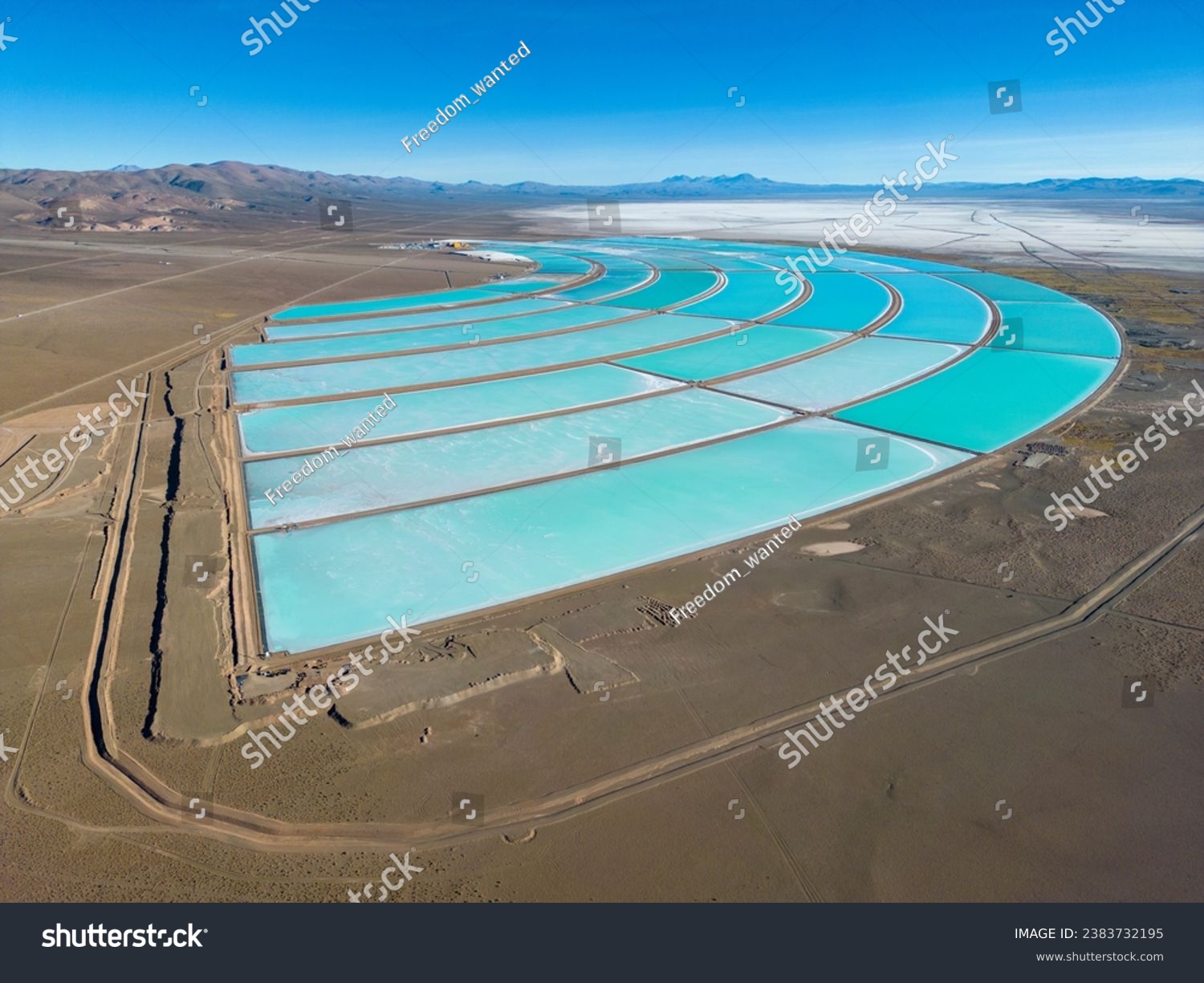 Aerial view of lithium fields or evaporation ponds in the highlands of northern Argentina, South America - a surreal, colorful landscape where batteries are born #2383732195