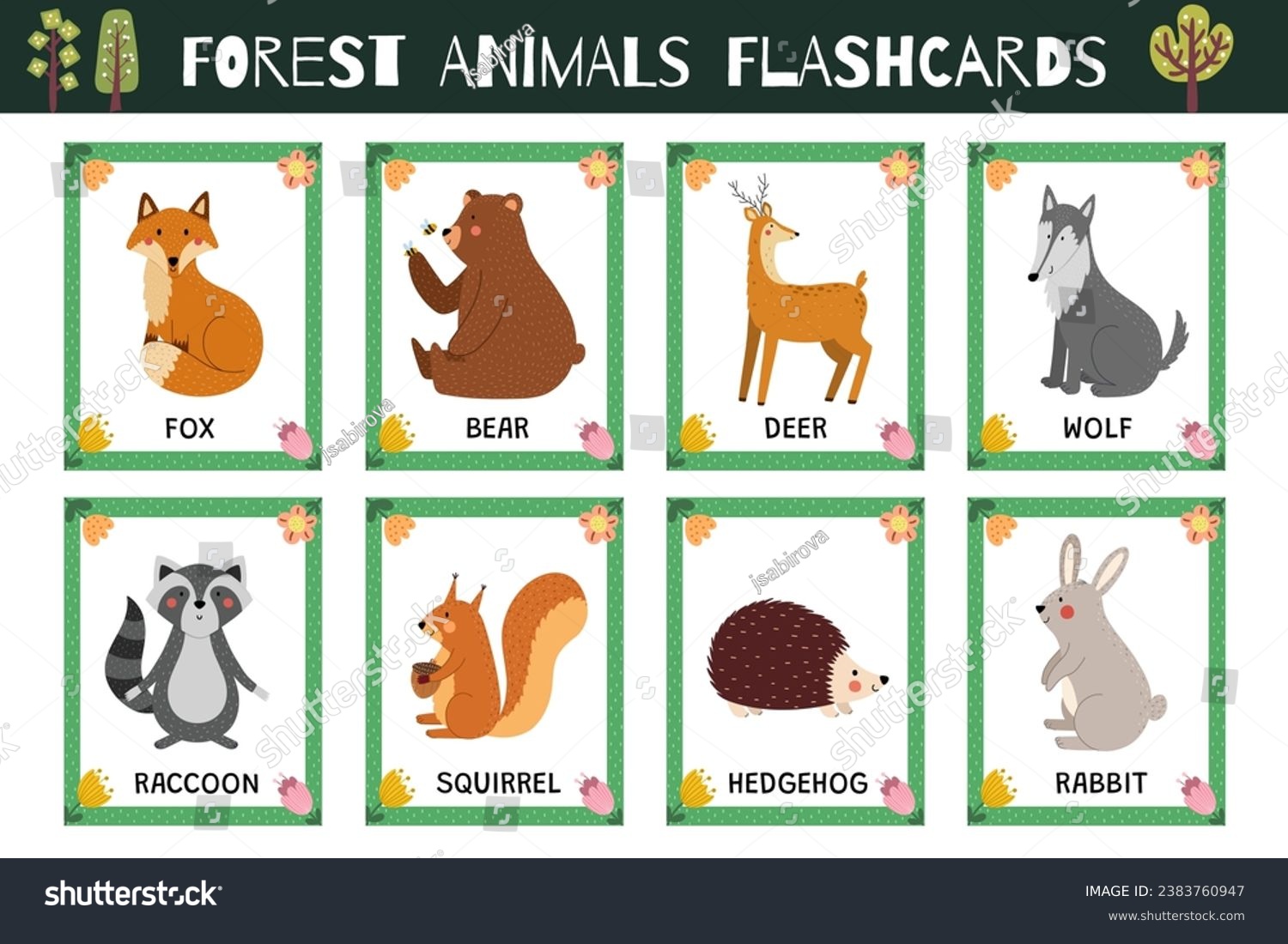 Forest animals flashcards collection for kids. - Royalty Free Stock ...