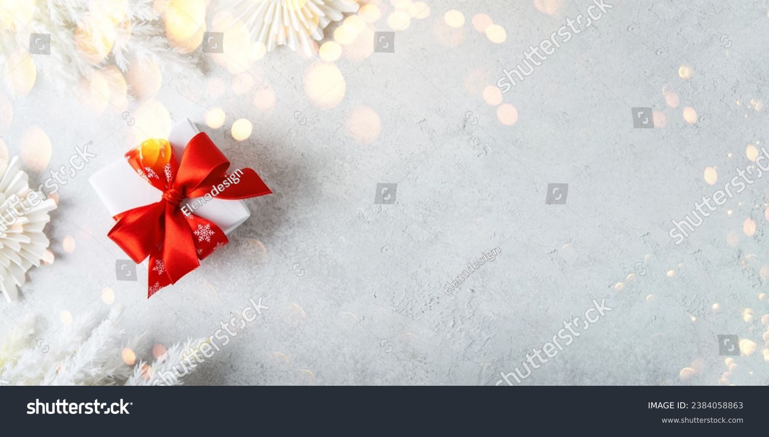 Merry Christmas and Happy Holidays greeting card, frame, banner. New Year. Noel. White Christmas red ribbon gift and ornaments on light background top view. Winter holiday xmas theme. Flat lay. #2384058863