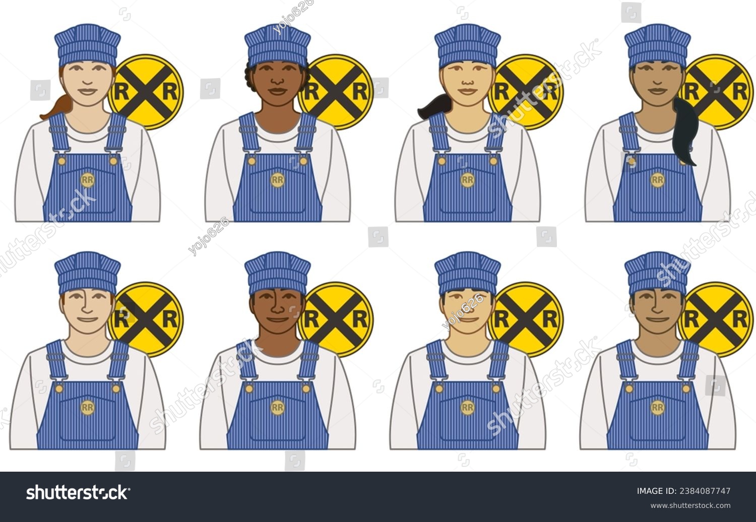 diversity, race, ethnicity of train rail engineer vector icons male and female, wearing striped overalls and cap, with railroad crossing icon, isolated on a white background #2384087747