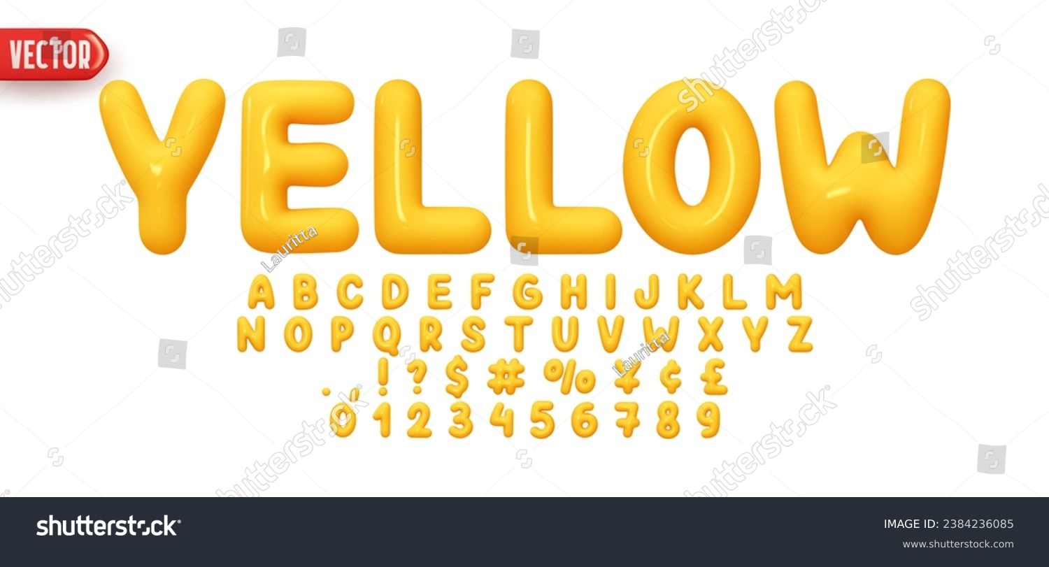 Yellow Font realistic 3d design. Complete alphabet and numbers from 0 to 9. Collection Glossy letters in cartoon style. Fonts voluminous inflated from balloon. Vector illustration #2384236085