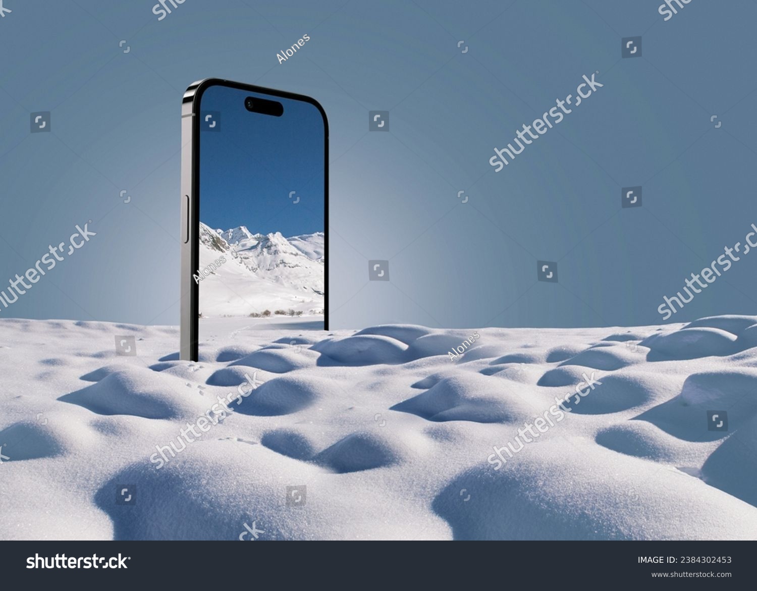 Smartphone with snow and mountains, creative idea. Travel and winter holidays, concept. Overflow. Applications and advertising #2384302453