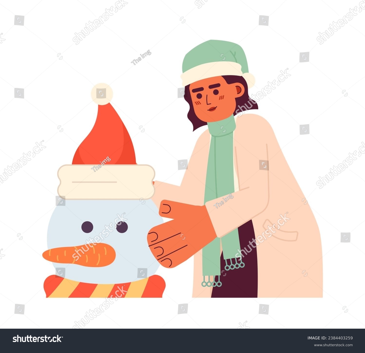 Middle eastern woman making snowman 2D cartoon character. Wearing santa hat arab female isolated vector person white background. Christmastime winter decoration color flat spot illustration #2384403259