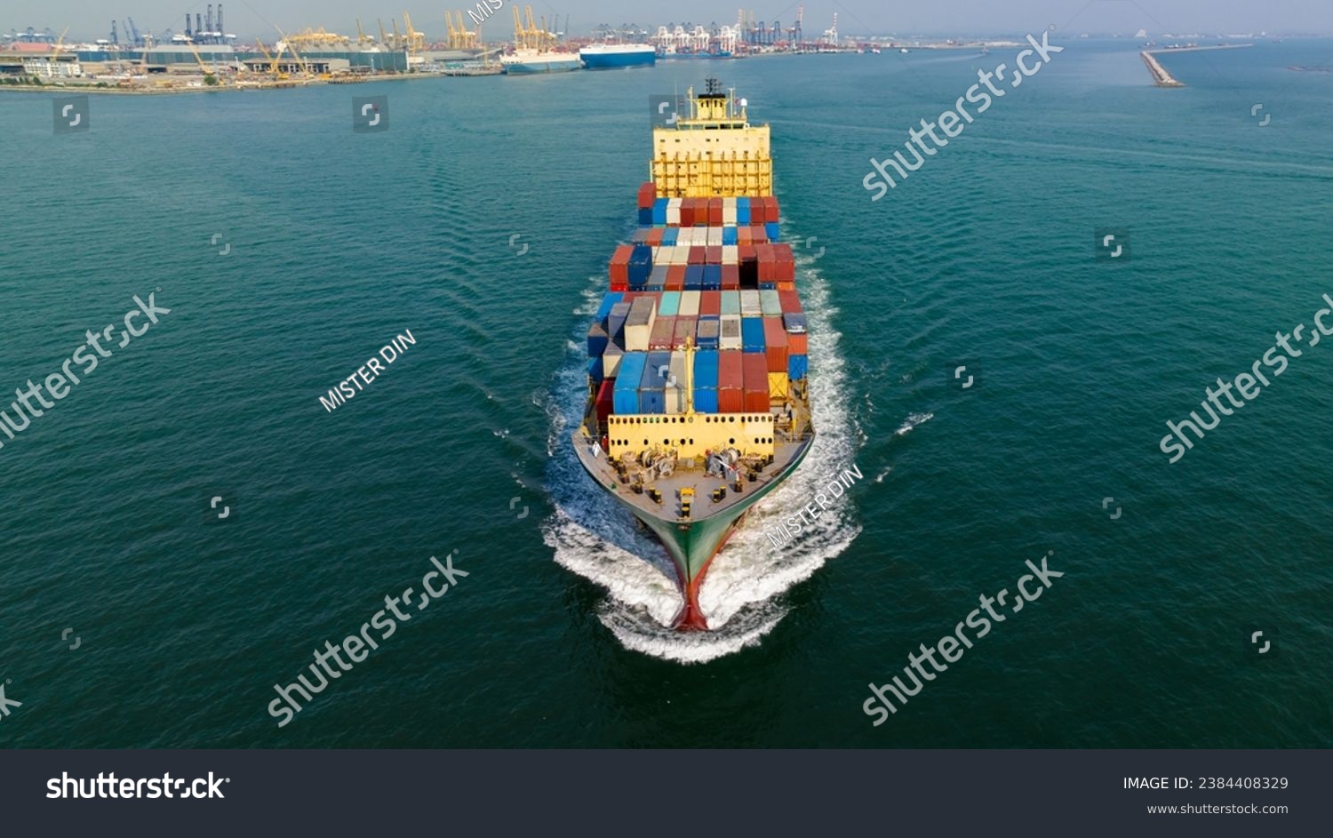 cargo container shipping sailing in sea import export logistic goods and distributing products to dealerand consumers across worldwide, by container ship Transport, business service. front view drone  #2384408329