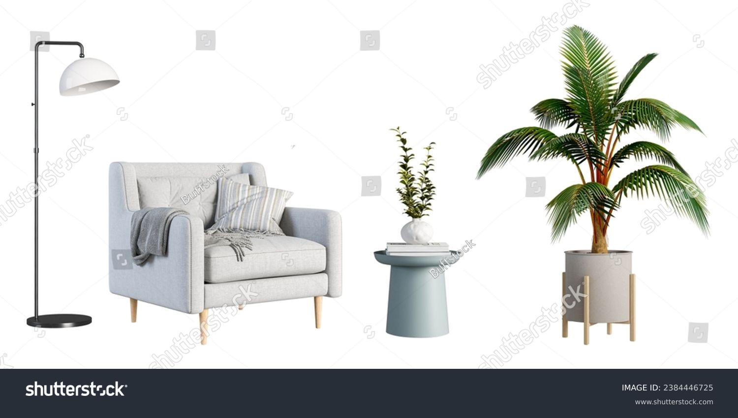 Modern interior furniture set in 3d rendering on white background #2384446725