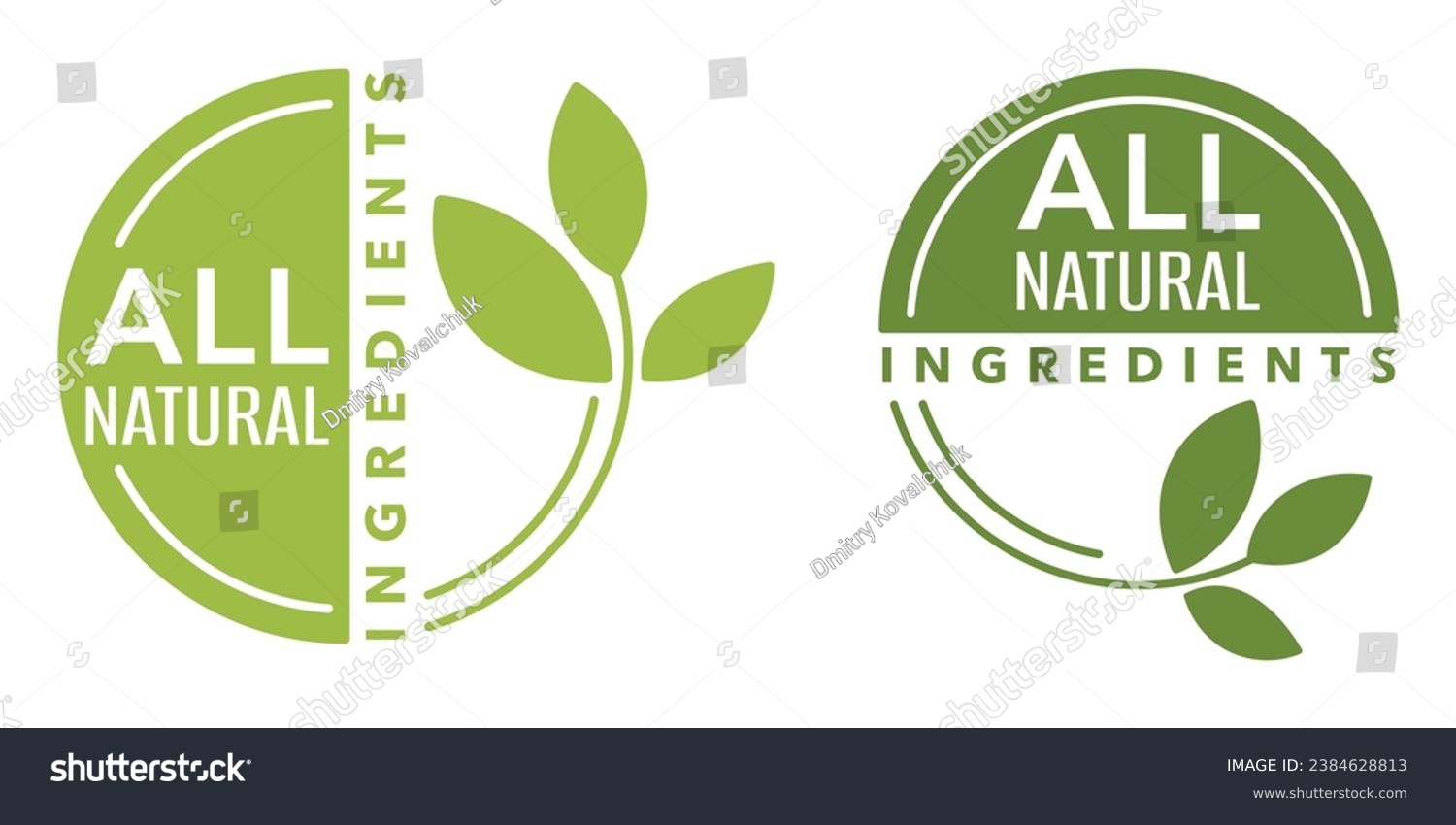 All Natural Ingredients - No Preservatives no artificial Flavors badge - two options in single sticker for healthy products composition. Flat green square pictogram #2384628813