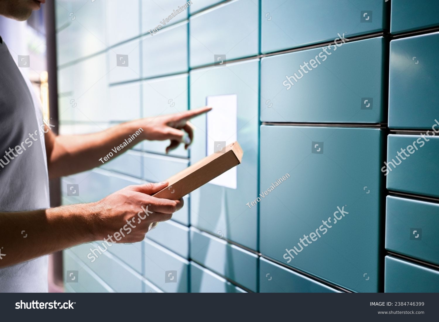 Locker parcel service. Package delivery to post mail box machine. Packet automat in postal office. Man using touchscreen. Pick up at storage. Collection at smart shipping terminal by customer. #2384746399