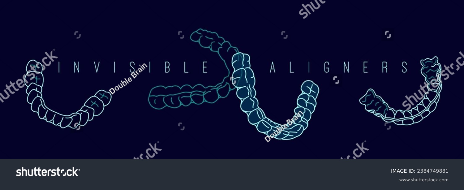 Orthodontic silicone trainer. Invisible braces aligner poster. Medical banner in outline style. Outside, inside view. Upper, lower jaw. Editable vector illustration on a dark blue background
 #2384749881