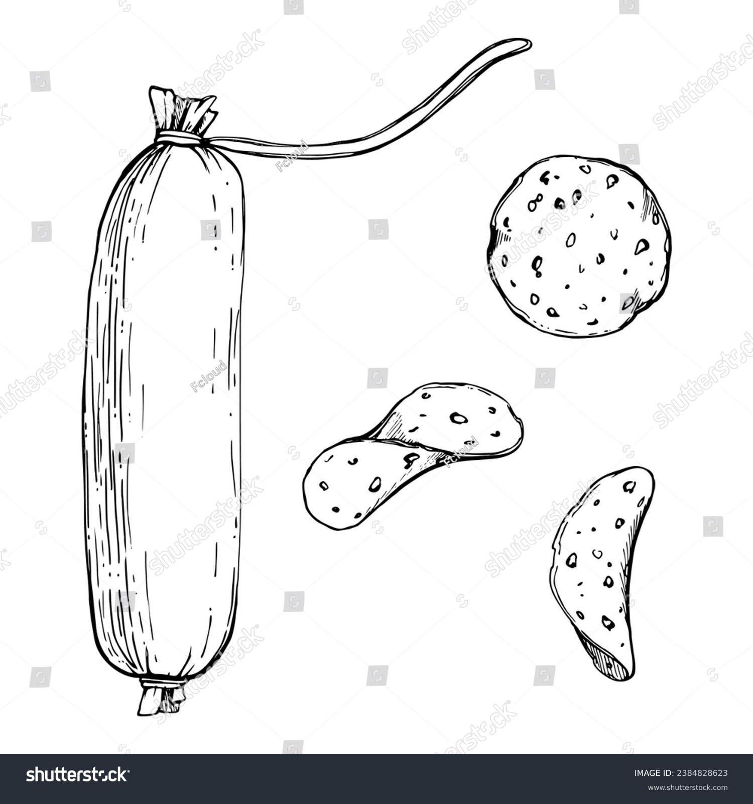 Hand drawn vector ink illustration. Pepperoni salami sausage stick and slices, pizza topping. Single object isolated on white. Design for restaurant, menu, cafe, food shop or package, flyer, print. #2384828623