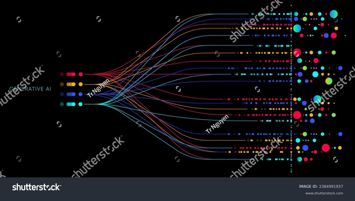 Illustration of abstract stream information with cyan, blue, red and orange line and dot. Big data, technology, AI, data transfer, data flow, generative ai, large language model background #2384991937