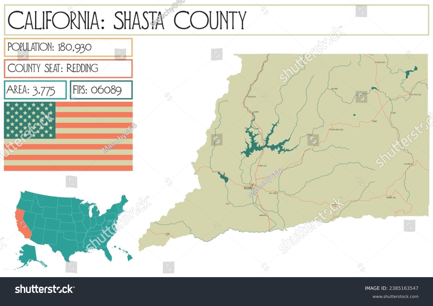 Large and detailed map of Shasta County in - Royalty Free Stock Vector ...