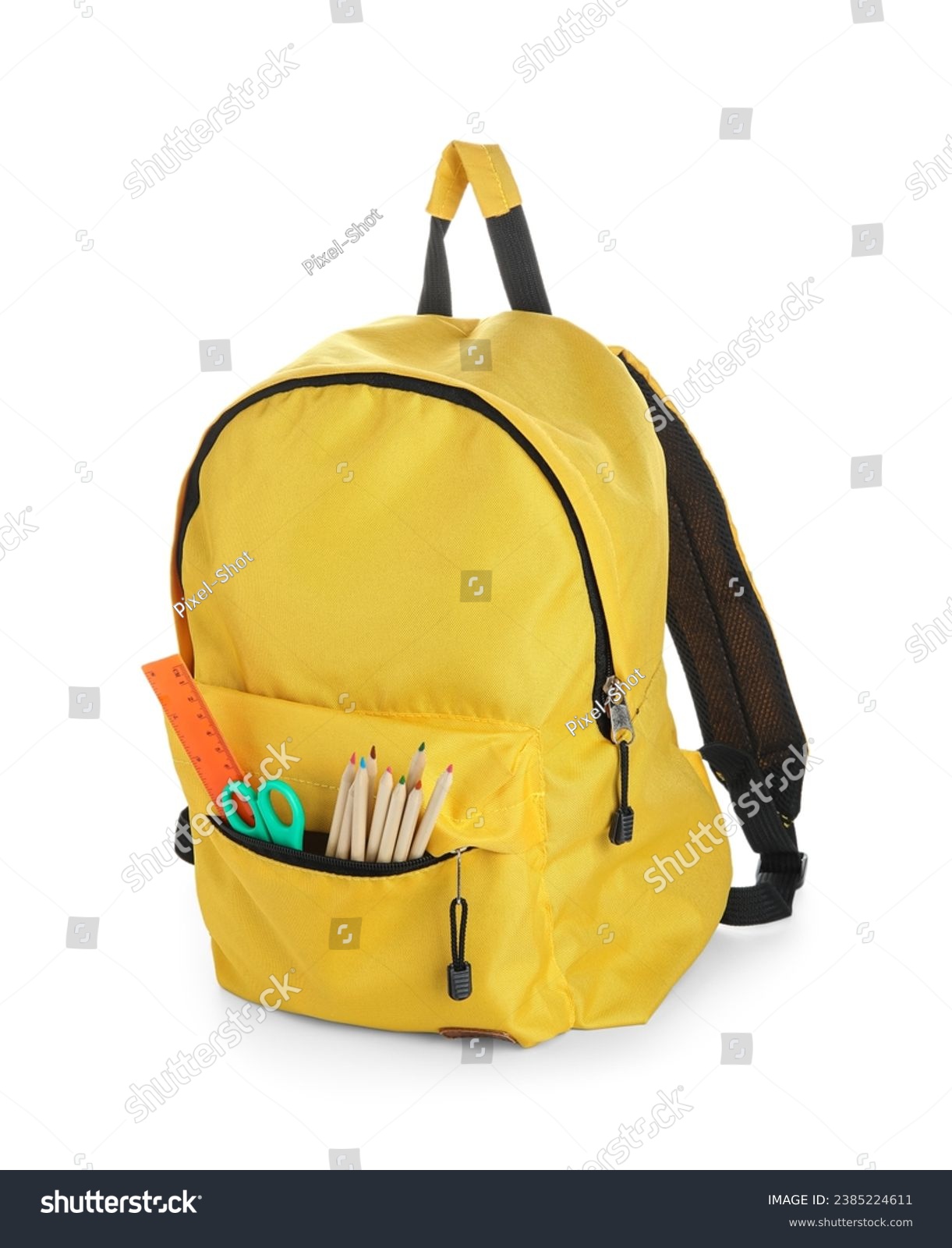 Stylish yellow school backpack with different stationery supplies on white background #2385224611