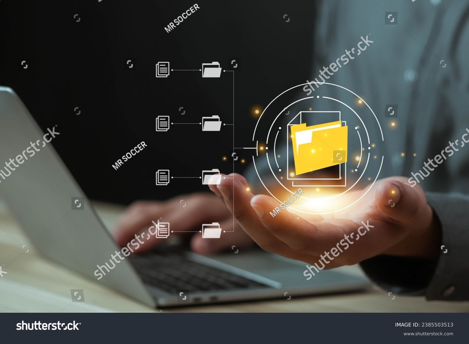 Businessman working on a laptop computer document, manage, file,  data, folder,  share, digital, information,  Electronic document management online document database paperless office concept 
 #2385503513