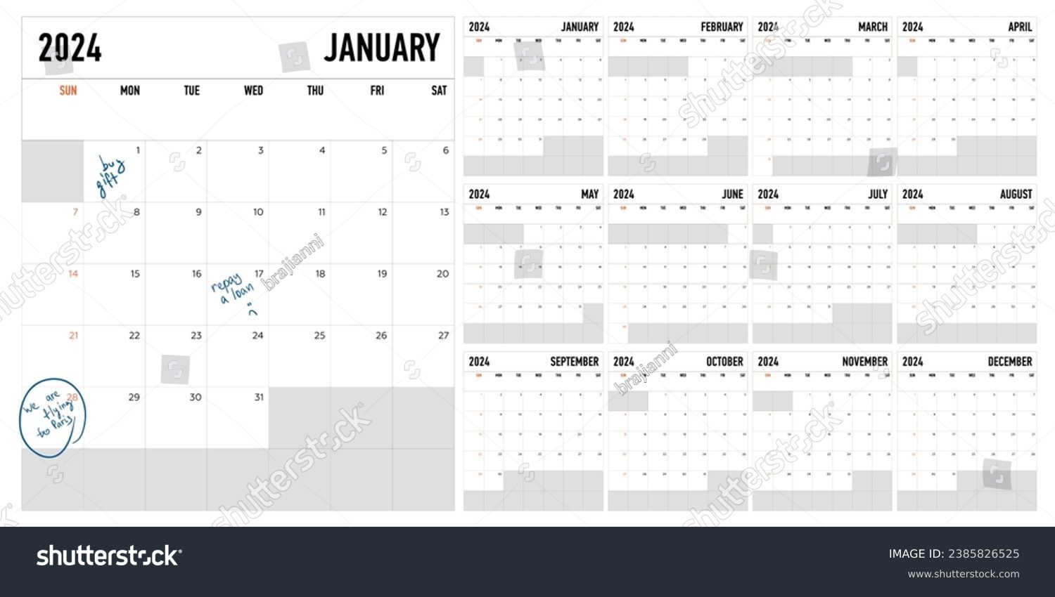 Classic calendar template for 2024 with months. Royalty Free Stock