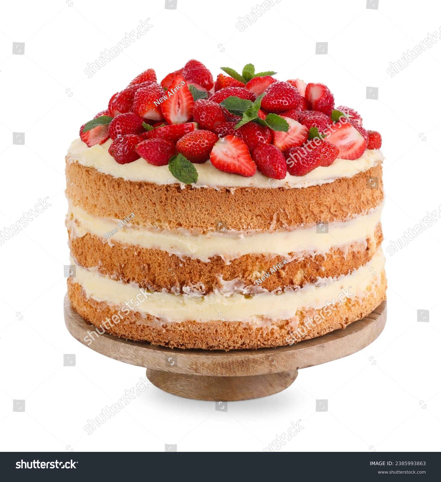 Tasty cake with fresh strawberries and mint isolated on white #2385993863