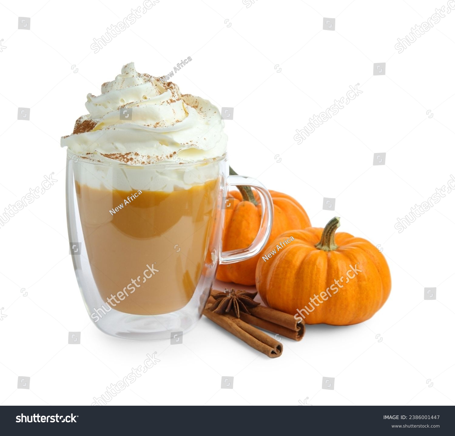 Cup of pumpkin spice latte with whipped cream, squashes and cinnamon sticks isolated on white #2386001447