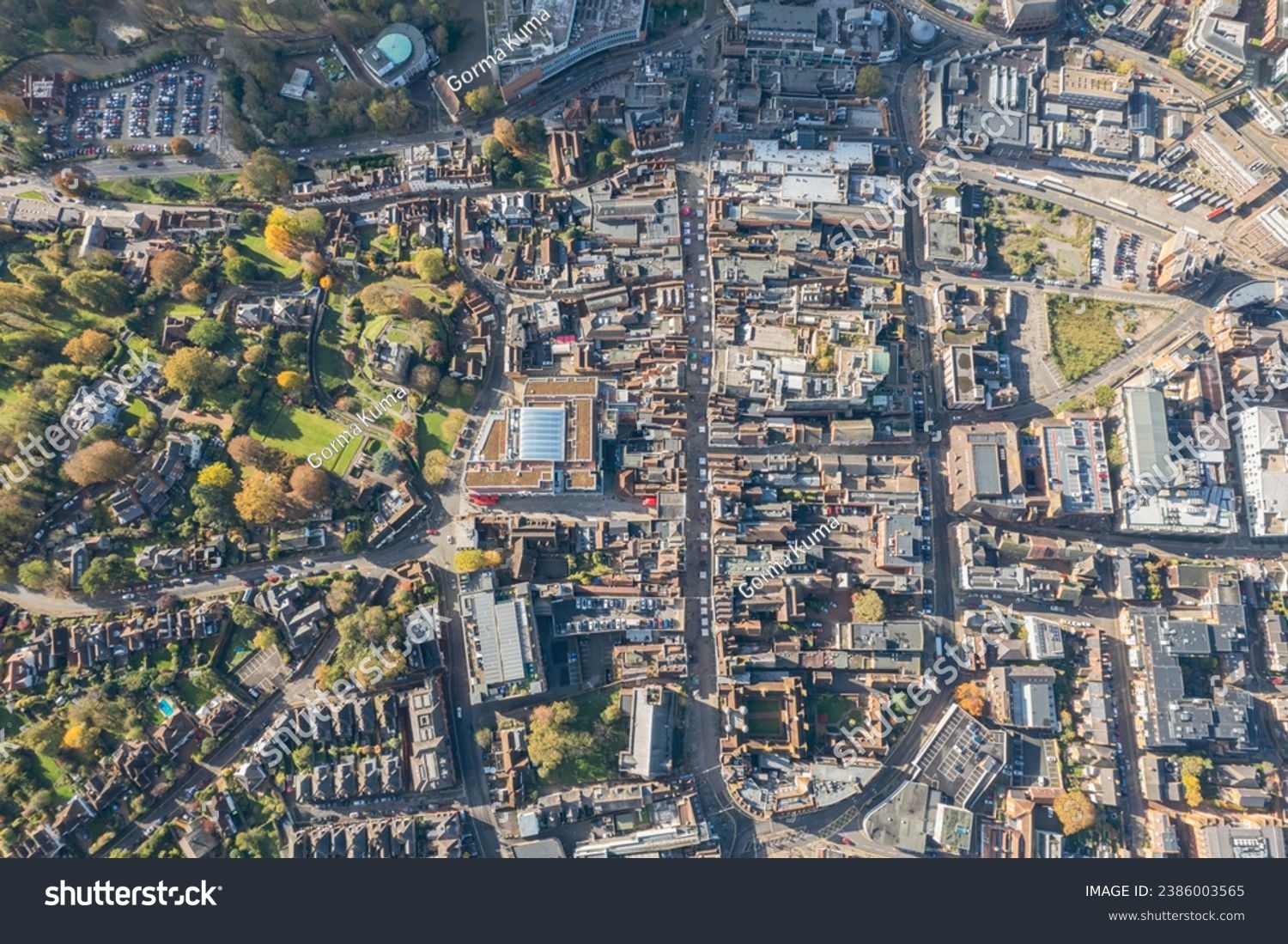 amazing aerial view of the downtown center high street of Guildford, Famous town near london, England, Autumn daytime #2386003565