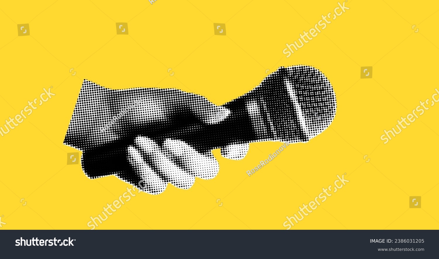 A hand holds a microphone. Collage element in halftone effect. Pop art illustration on bright yellow background. Vector png.  #2386031205