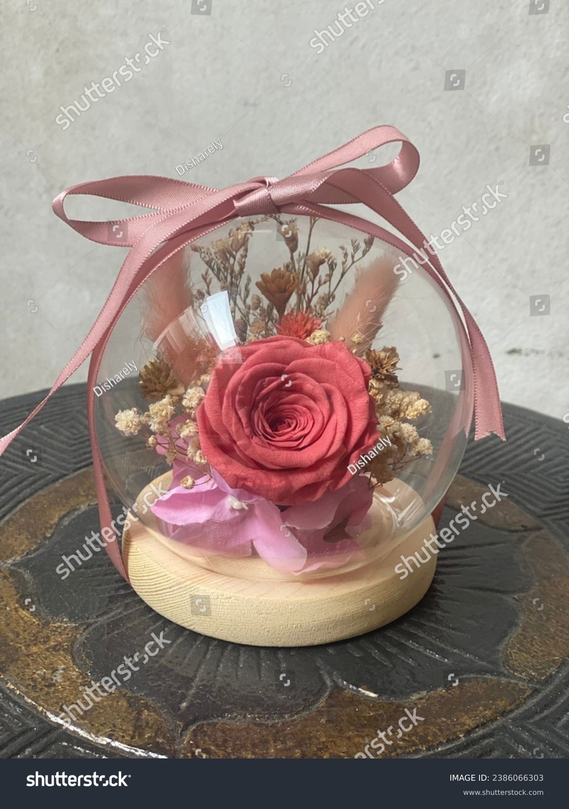 Pink Rose Dried Flower Glass Dome #2386066303