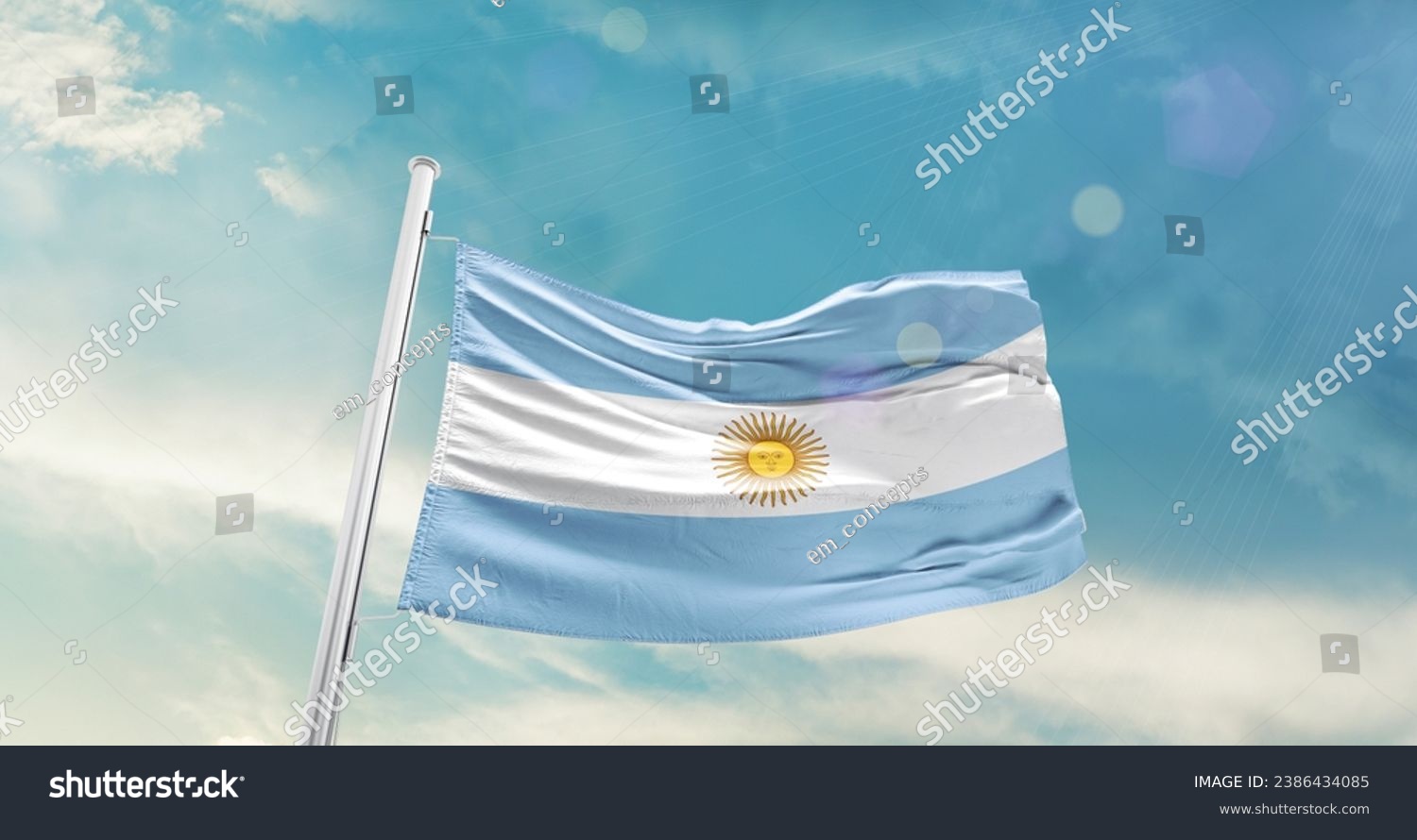 Argentina national flag waving in beautiful sky. #2386434085