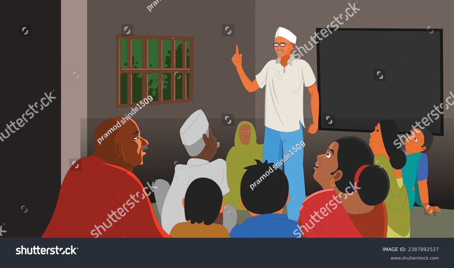 Indian Rural Village Gathering for discussion. gram panchayat isolated illustration #2387892527