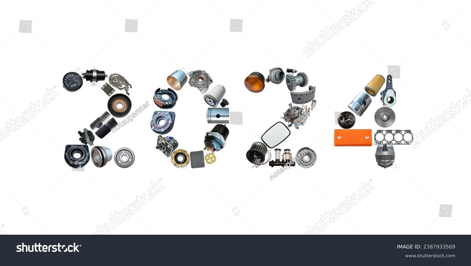 Number 2024 written with truck, tractors and car spare parts. New year concept for repair shop, workshop, diy isolated on white background. Banner. #2387933569