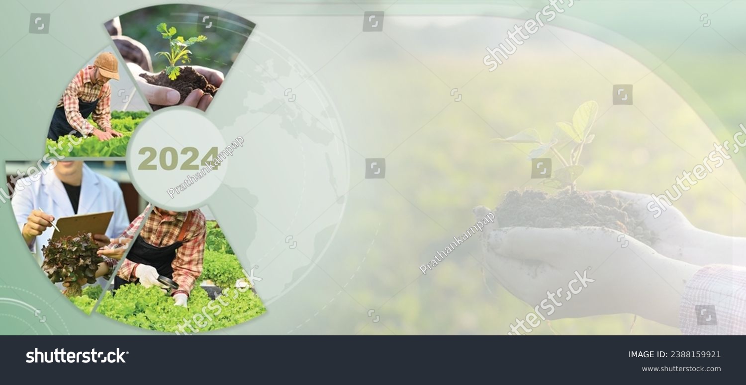 Sustainable development goals of Agro businesses in 2024 concept. Panoramic banner with copy space. #2388159921