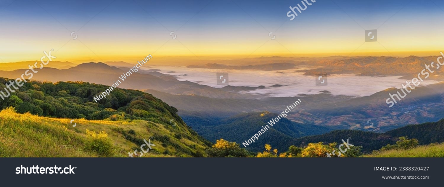 Tropical forest nature landscape view with mountain range and moving cloud mist at Kew Mae Pan nature trail, Doi Inthanon, Chiang Mai Thailand panorama #2388320427