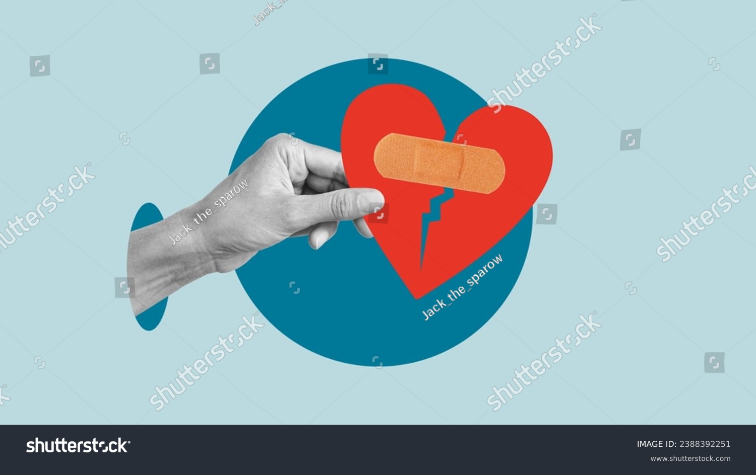 Collage with the hand with heart with band-aid. Healing heart, healing from breakup, healing from divorce, therapy to feel better, putting the pieces of the heart together #2388392251