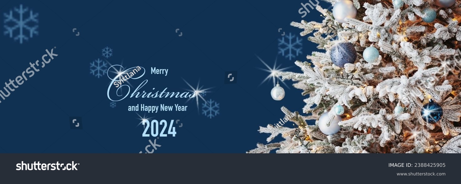 Art greeting card with text Merry Christmas and Happy New Year 2024, frame, wide panoramic banner. Christmas tree on dark blue background. Winter xmas holiday theme #2388425905