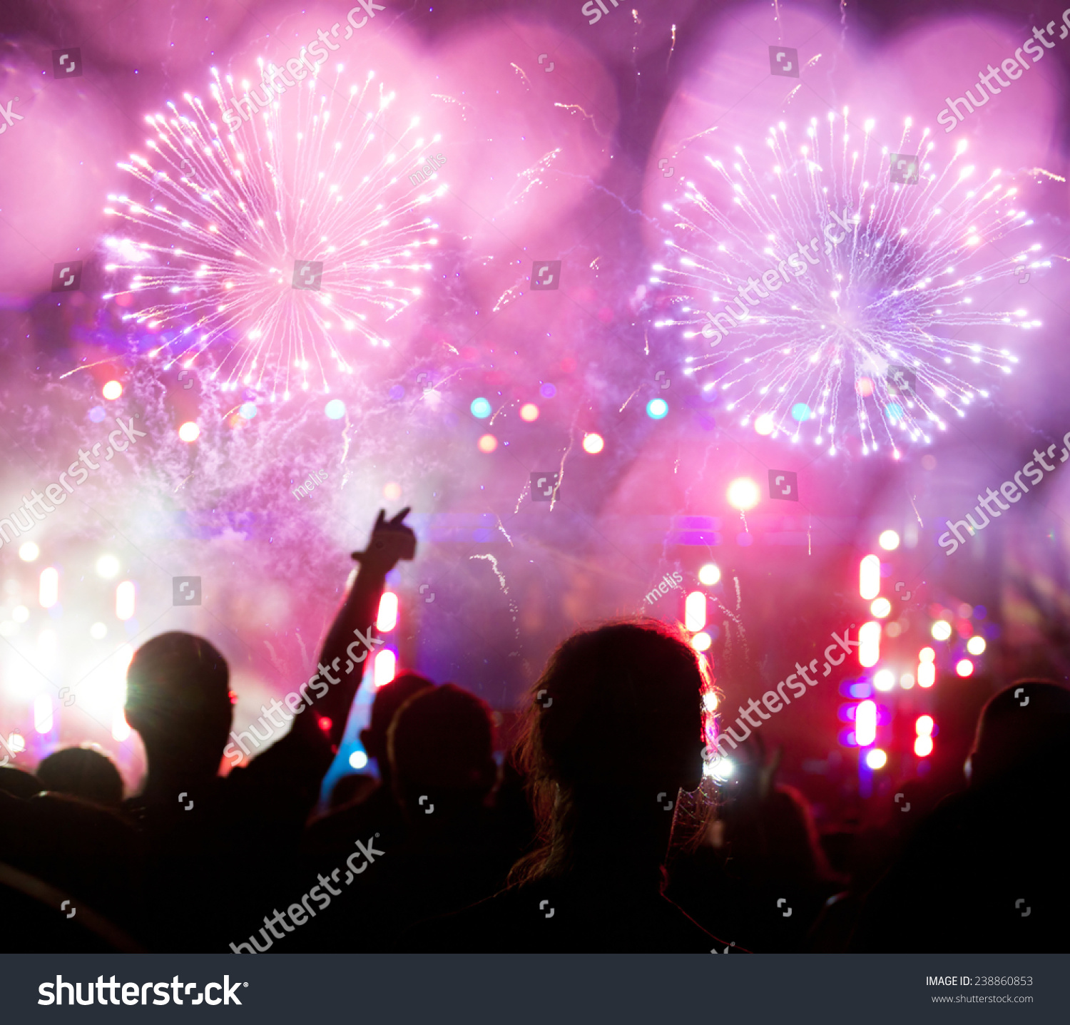 New Year concept -  fireworks and cheering crowd celebrating the New year #238860853