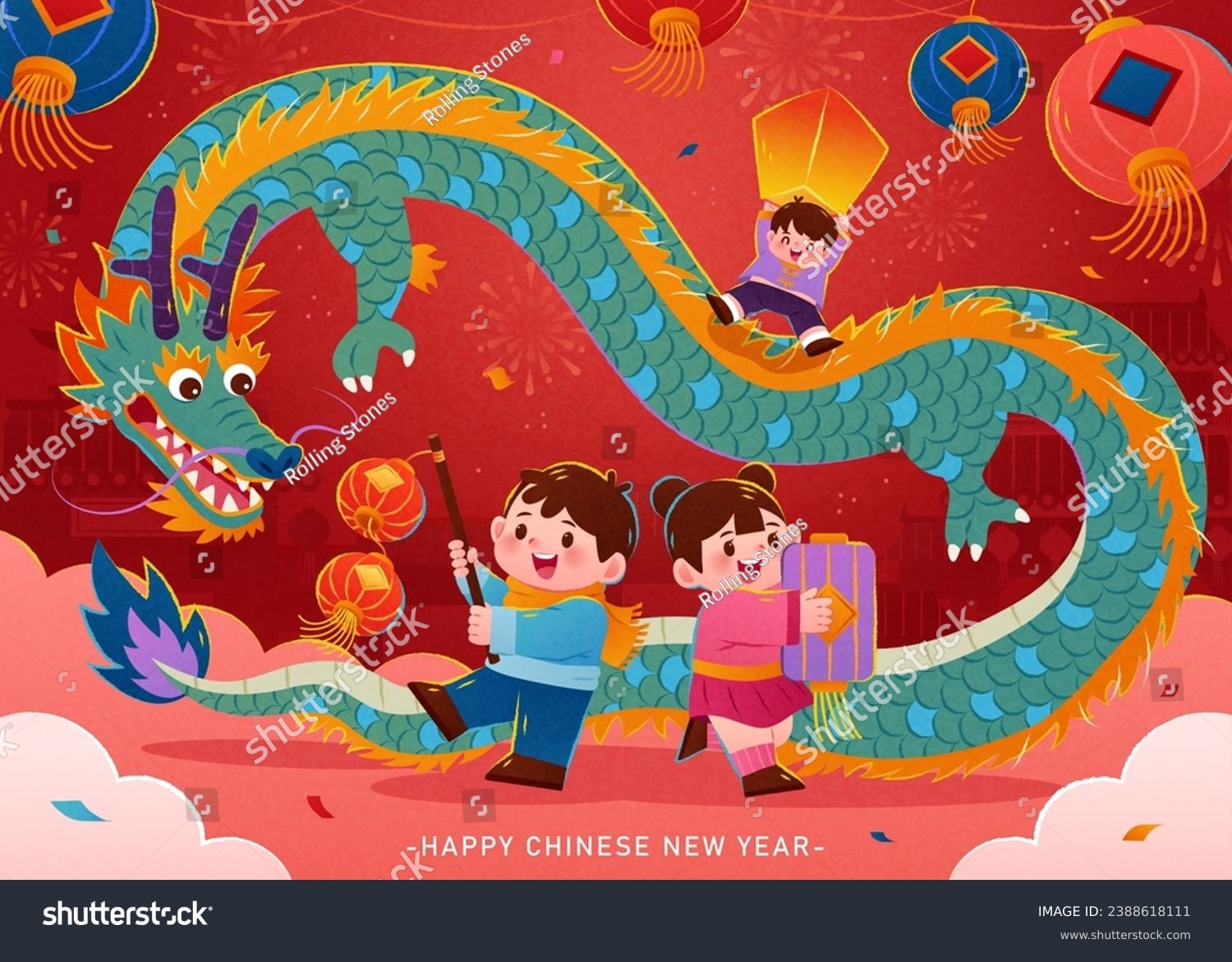 Dragon and children with lanterns celebrating - Royalty Free Stock ...