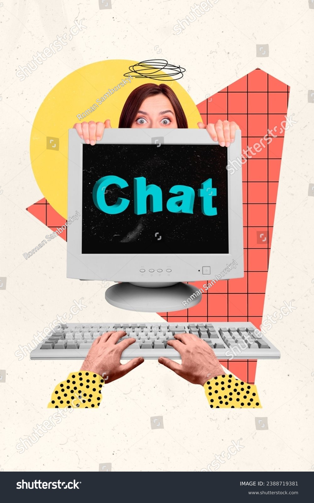 Vertical collage picture of girl hide behind old pc screen chat arms typing keyboard buttons isolated on drawing creative background #2388719381