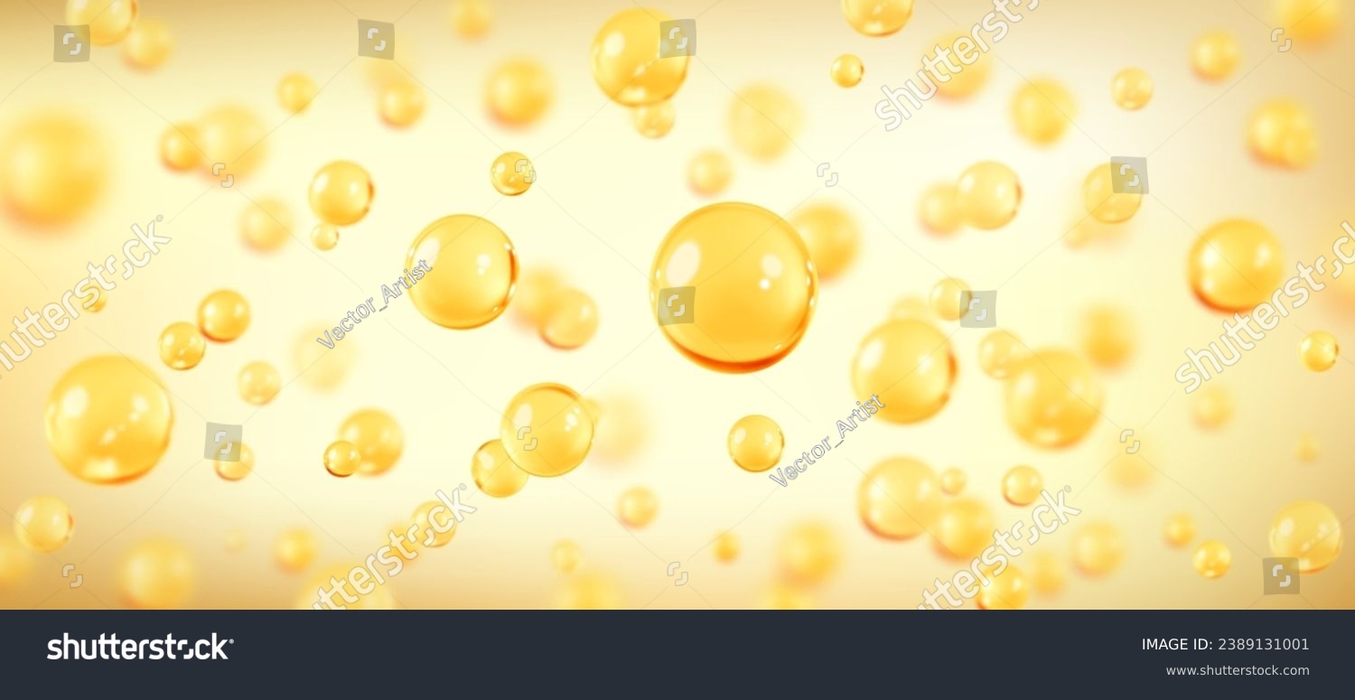 Golden oil bubbles, liquid collagen or serum. Skin care cosmetic product texture or clear essence. Concept skin care cosmetics solution. Vector realistic illustration #2389131001