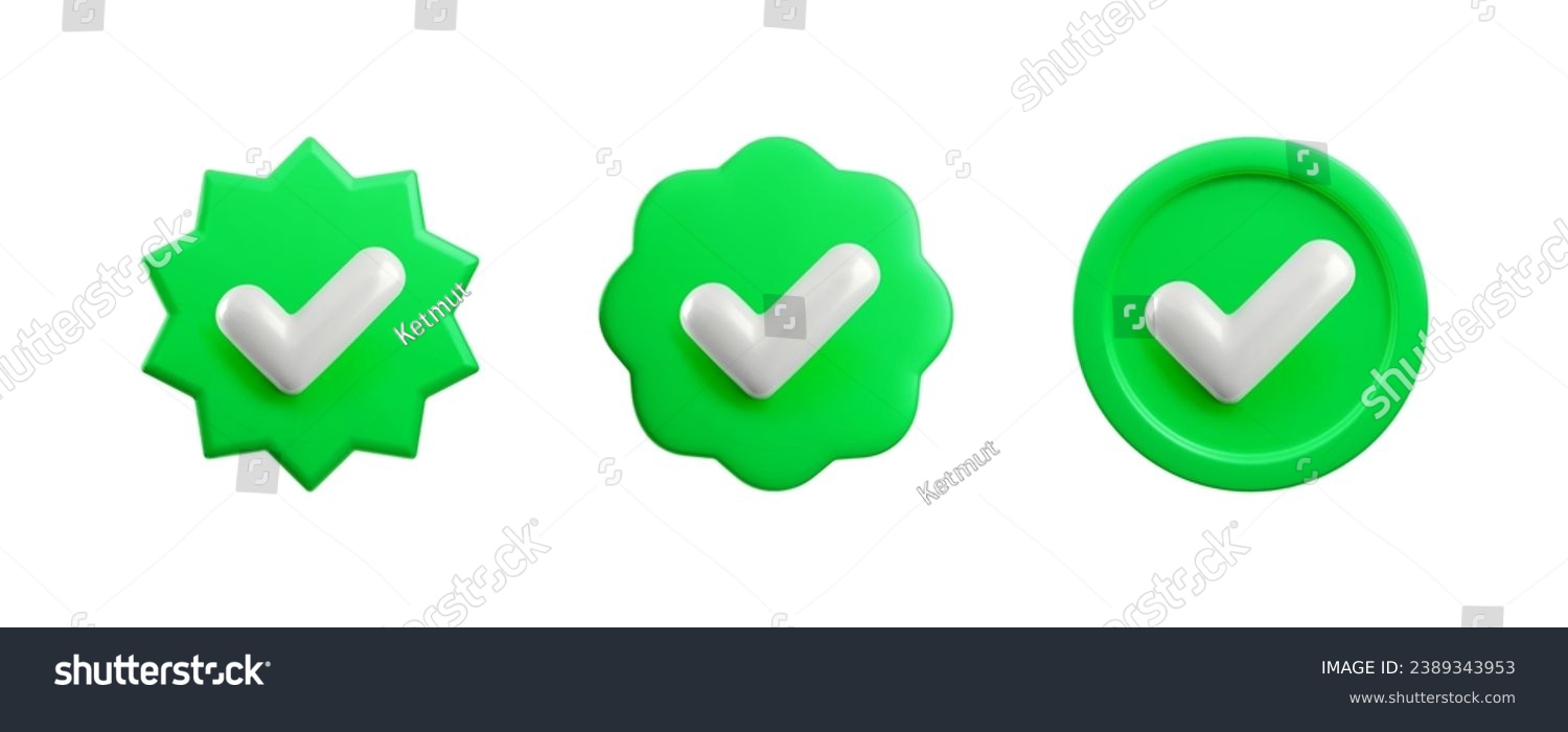 Vector 3d Green Check mark realistic icons set. Trendy plastic round starburst and wavy verified badge with checkmark, approved icon on white background. 3d render yes sign. Green official tick button #2389343953
