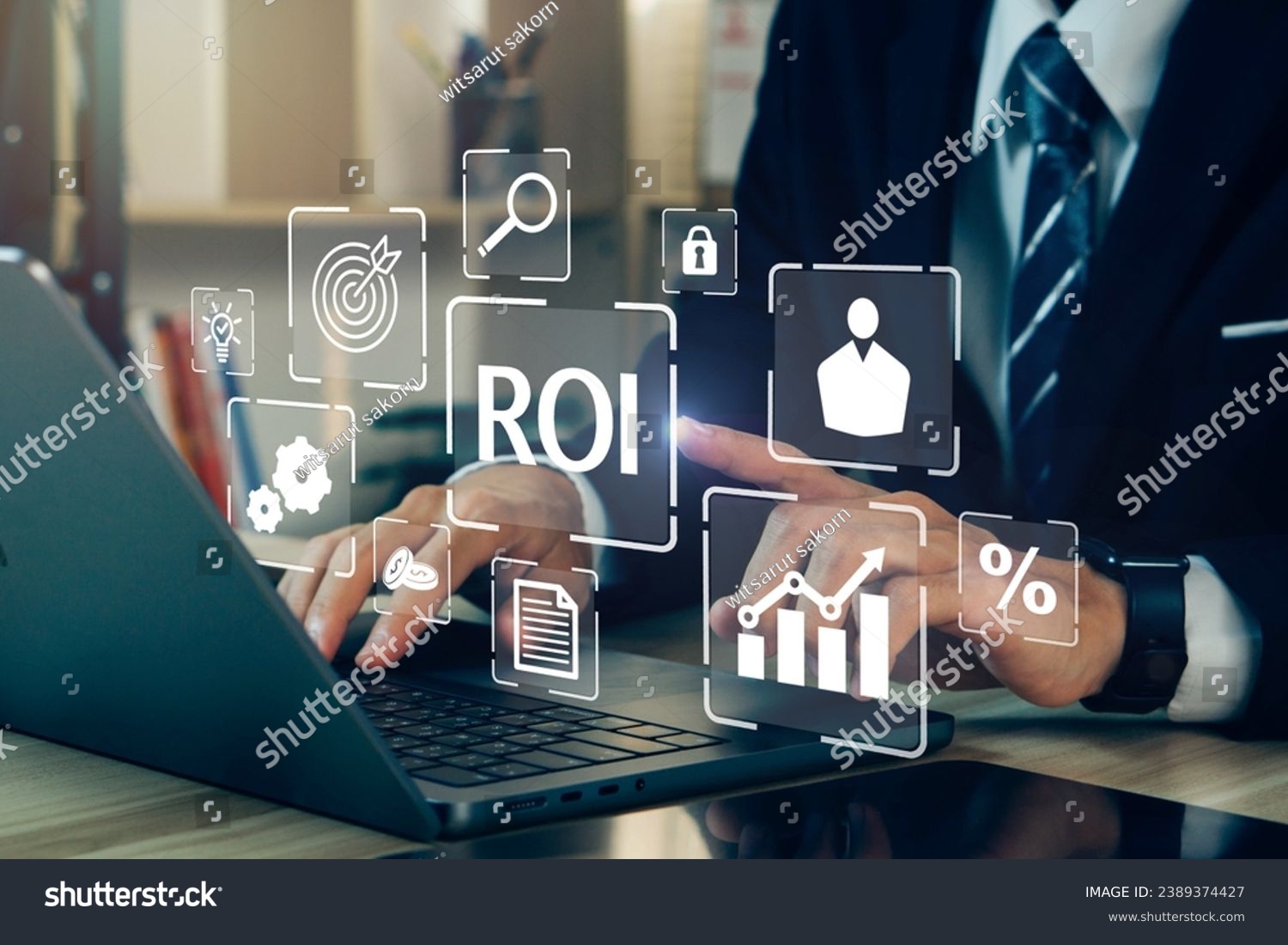ROI,Return On Investment concept.Businessman using laptop to analysis performance measure from cost and profit efficiency.Financial growth concept. #2389374427