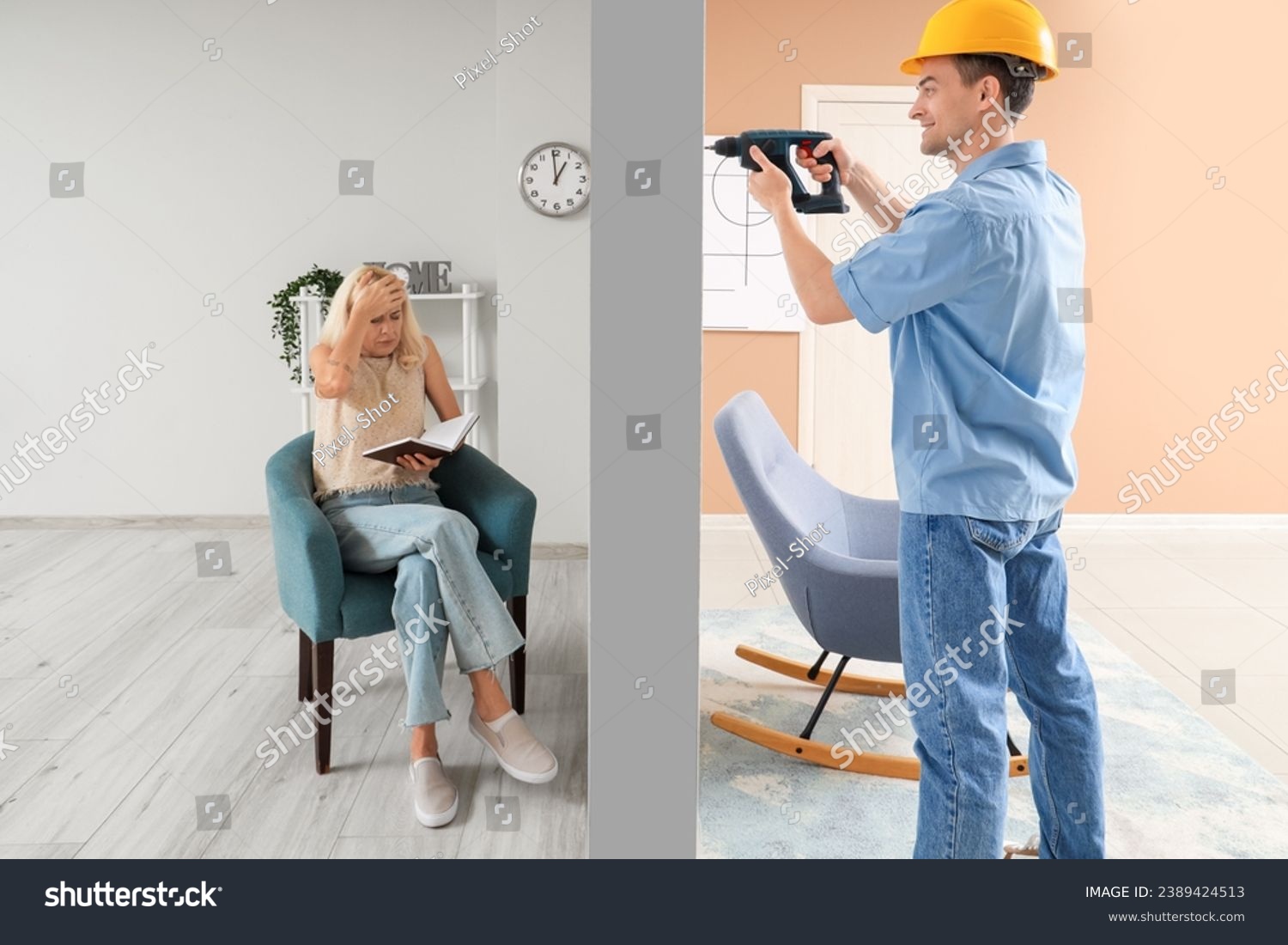 Mature woman suffering from loud neighbour with drill at home #2389424513