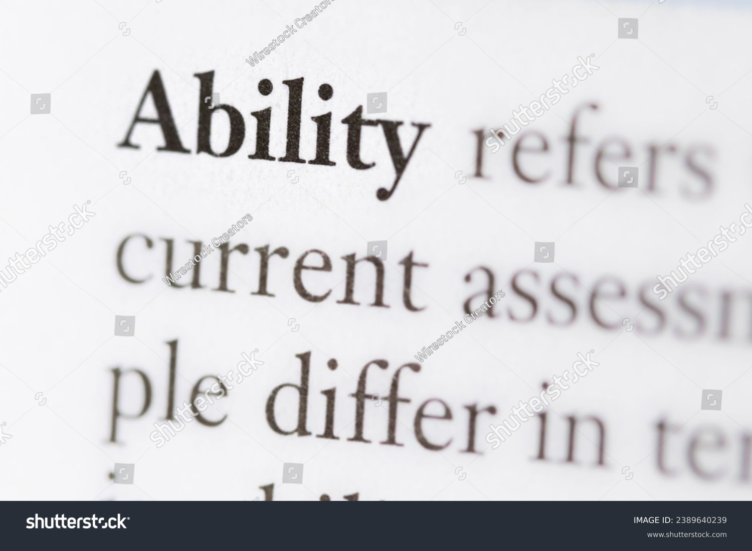 A close-up of a business textbook with the term 'Ability' highlighted and focused #2389640239