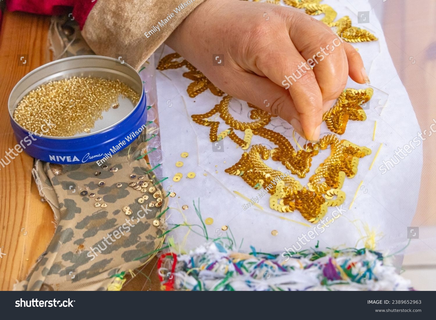 Raf Raf, Bizerte, Tunisia. A Tunisian woman embroidering gold sequins onto white cloth. #2389652963