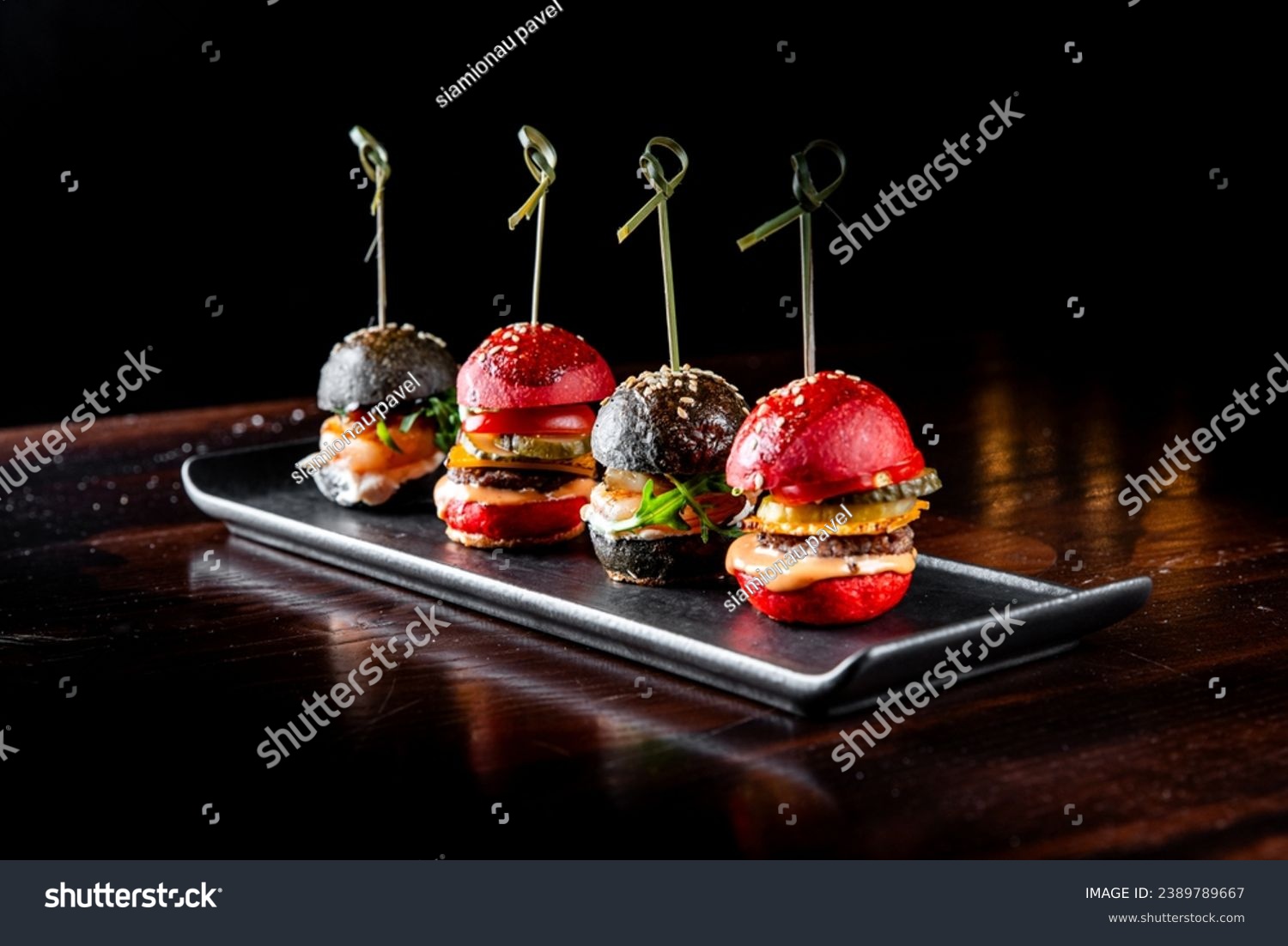 set mini hamburgers, mini burgers on plate #2389789667