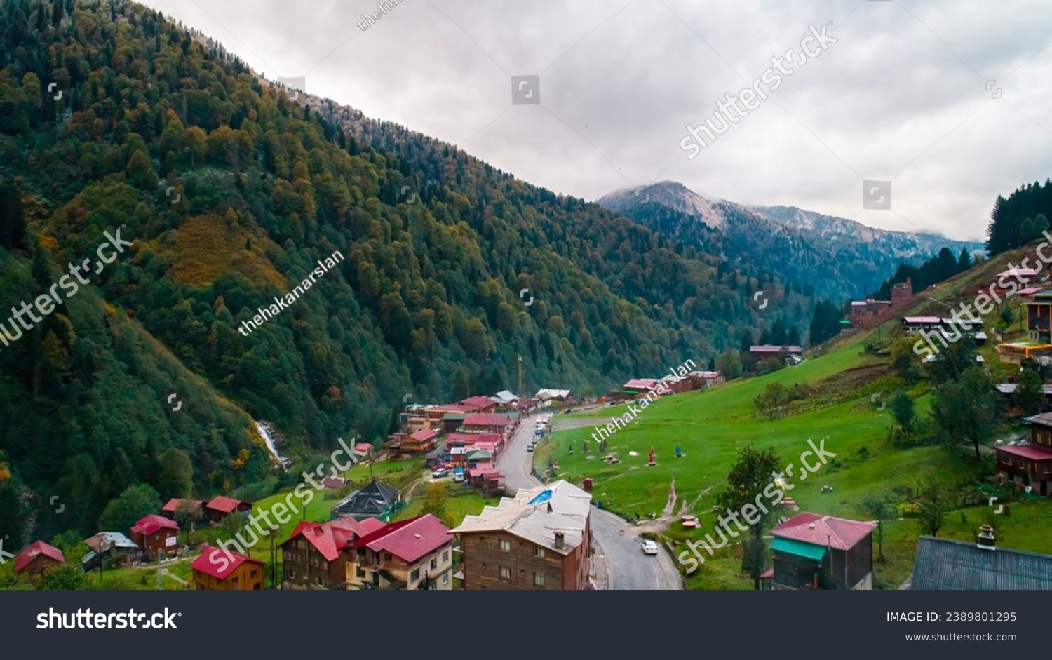 General landscape view of Ayder Plateau in Rize. Ayder Plateau has a wide meadow area with excellent nature views and wooden chalets. Rize, Camlihemsin, Turkey. #2389801295