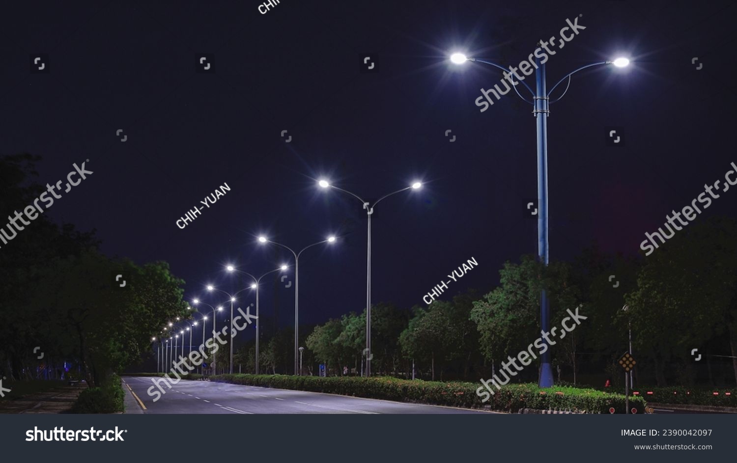 The tranquil,romantic and beautiful street light at scenic night in Taiwan Provincial Highway 1.for branding,calender,postcard,screensave,wallpaper,poster,banner,cover,website.High quality photography #2390042097